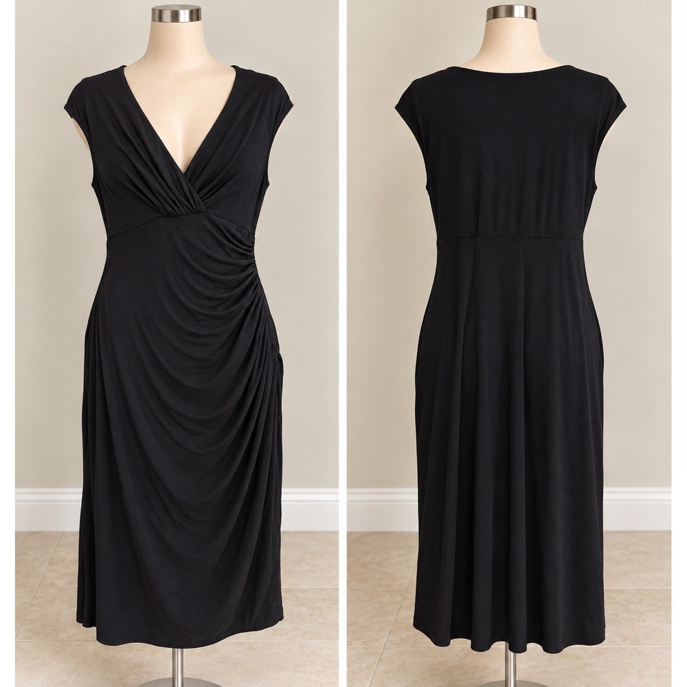 Lauren Ralph Lauren Dress Womens 12 Black Ruched Faux Wrap V Neck Cocktail Midi